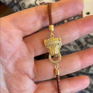 Gold Panther Head Bracelet with Brown Leather